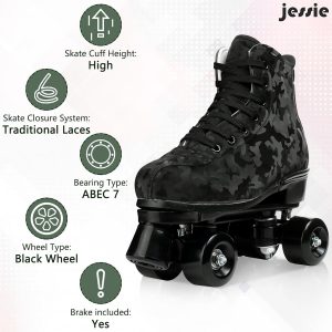 jessie Outdoor Roller Skates Women Adult with Light Up Wheels Black Quad Skating for Men Youth Boys Girls