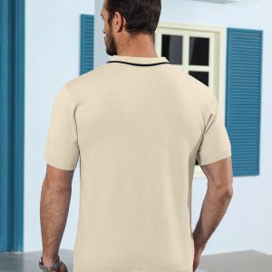 Ryehack Mens Casual Polo Shirts Knit Short Sleeve Vintage Striped Button T-Shirt Slim Fit Golf Vacation Shirt