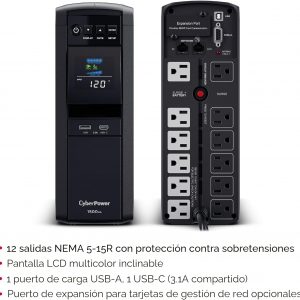 CyberPower CP1500PFCLCD PFC Sinewave UPS Sistema de respaldo de batería y protector contra sobretensiones, 1500VA/1000W, 12 tomacorrientes, AVR, minitorre; Certificado UL