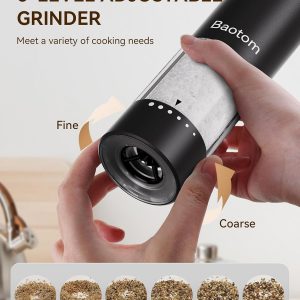 Electric Salt and Pepper Grinder Set with Dual Charging Base, 6 Adjustable Coarseness Levels & External Grind Settings, One-handed Operation Salt and Pepper Mills with LED Light,Black & White