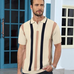 Ryehack Mens Casual Polo Shirts Knit Short Sleeve Vintage Striped Button T-Shirt Slim Fit Golf Vacation Shirt