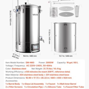 VEVOR Beer Brewing Equipment, 16 Gal/60L Beer Maker with Anti-Burn Pump and Wort Chiller,3000W All-in-One Home Brewing Kit with Digital Control, Recipe Memory & Timer, Removable mesh strainer