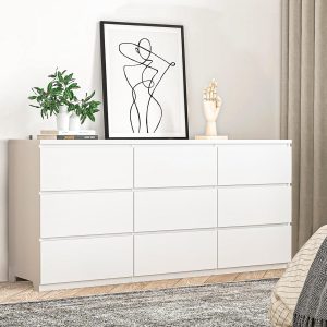 9 Drawers Dresser Storage Cabinet, 63'' Modern White Chest of Drawers, TV Console Stand Organizer with Slide Drawer Design for Bedroom, Living Room, Dining Room, Kitchen, Hallway, Entryway