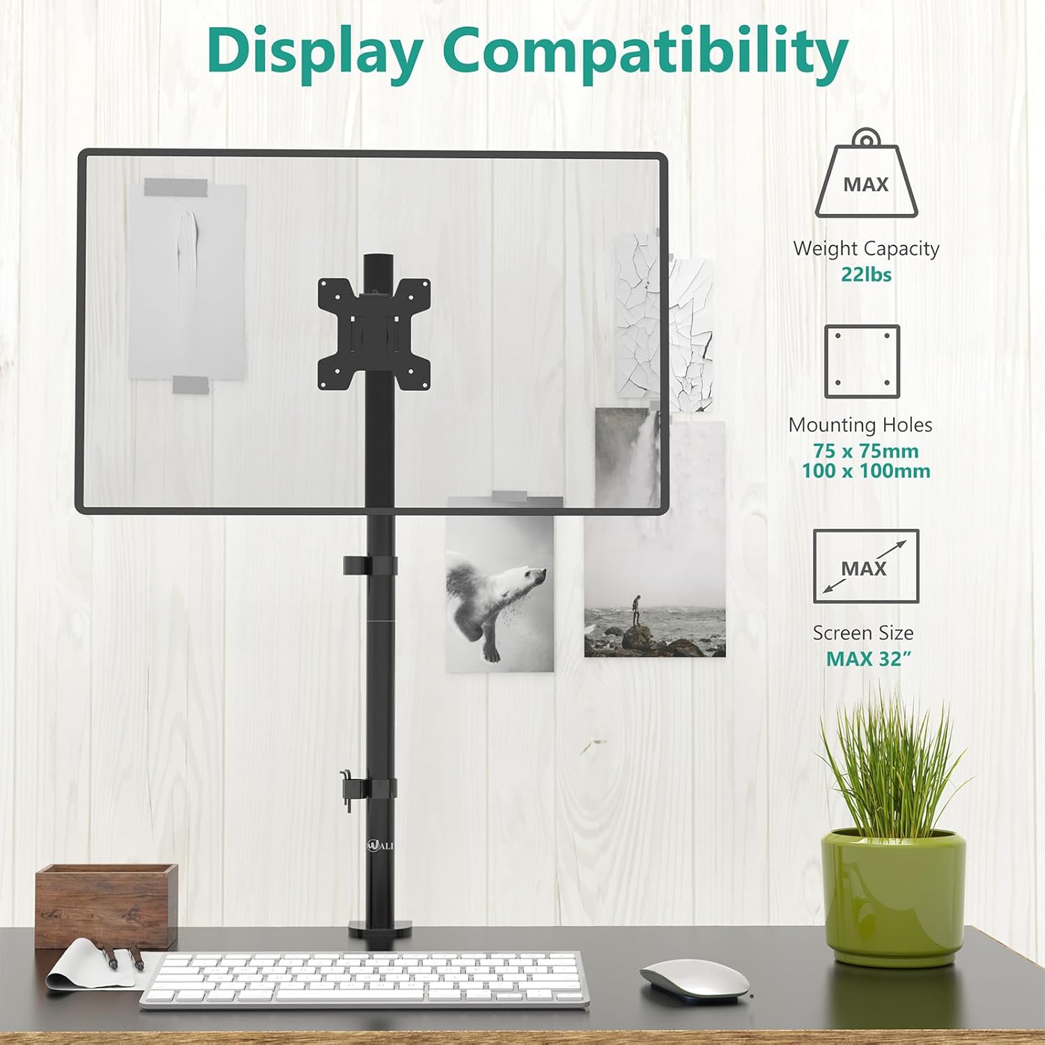 WALI Monitor Arm Mount for Desk, Single Extra Tall Computer Desk Mount, Monitor Bracket Mount Stand Single, up to 32 inch, 22 lbs (M001XL), Black