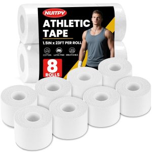 NUITPY 8 Pack Athletic Tape, White Sports Tape, Easy Tear Wrist Tape, Strong Adhesion Tapes for Boxing, Gymnastics, Hockey, Soccer, Lacrosse and First Aid(1.5in x 184ft Total)