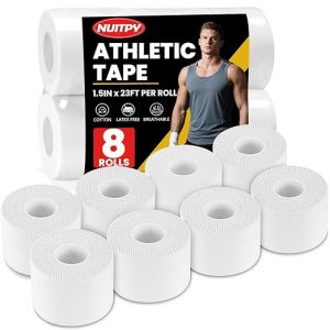 NUITPY 8 Pack Athletic Tape, White Sports Tape, Easy Tear Wrist Tape, Strong Adhesion Tapes for Boxing, Gymnastics, Hockey, Soccer, Lacrosse and First Aid(1.5in x 184ft Total)