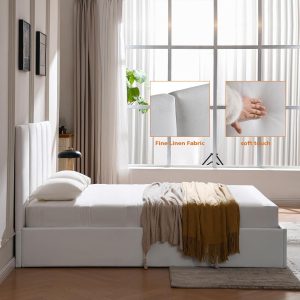 VELOCAVA Queen Size Lift-Up Hydraulic Storage Bed, White Linen-Look Upholstered Platform Bed with Vertical Channel Headboard, Wooden Slat Support, No Box Spring Needed