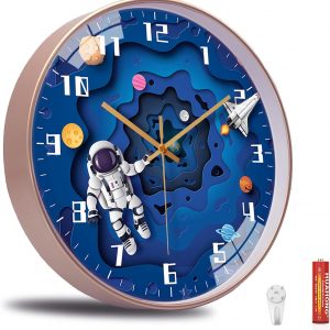 QINFIEY 12 Inch Silent Movement Kids Wall Clock, Non Ticking Children Round Wall Clock Battery Operated Space Travel Style Decor Children Clock for School Boys Bedroom Living Room Space Decor (Blue)