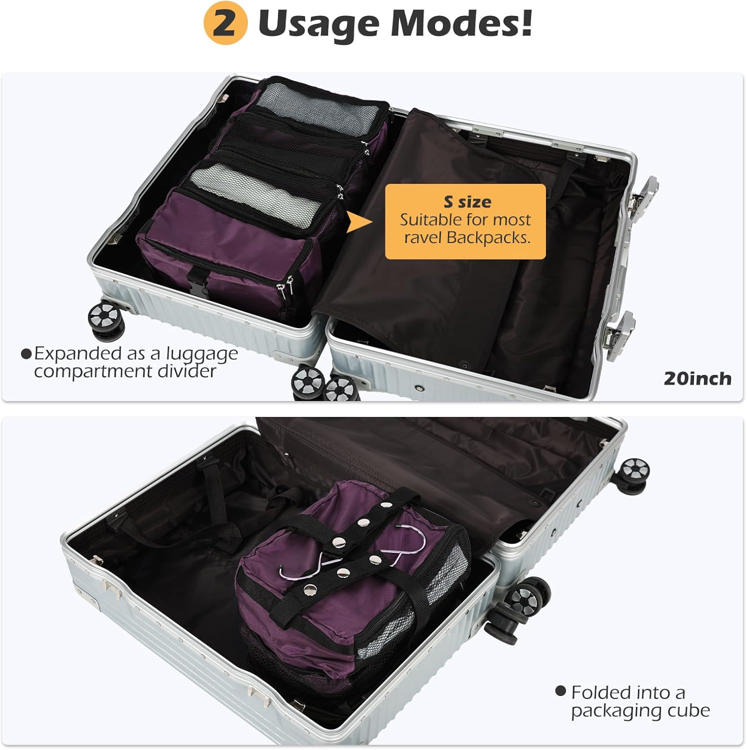 TABITORA Travel Luggage Organizer Hanging Packing Cubes Portable Hanging Shelves Carry on Closet for Suitcase with 2 Hooks,Collapsible(Purple,S)