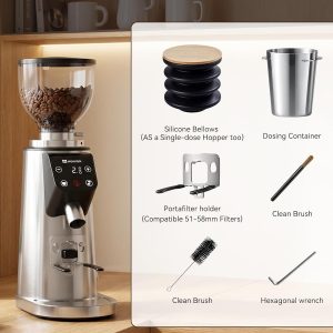 MOKKOM Professional 64mm Flat Burr Coffee Grinder with 100 Grind Settings, All-Metal Stainless Steel Body, Coffee Bean Grinder with Adjustable Electronic Timer, Anti-Static, LED Display
