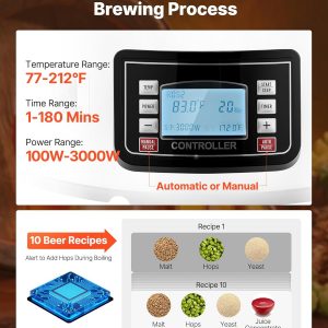 VEVOR Beer Brewing Equipment, 16 Gal/60L Beer Maker with Anti-Burn Pump and Wort Chiller,3000W All-in-One Home Brewing Kit with Digital Control, Recipe Memory & Timer, Removable mesh strainer