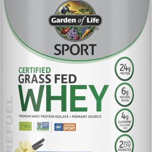 Garden of Life Sport Grass Fed Whey Protein Powder - 0.85 oz aislado de proteína de suero para mujeres y hombres con probióticos y glutamina, sin OMG, sin gluten, procesado en frío, sabor a vainilla