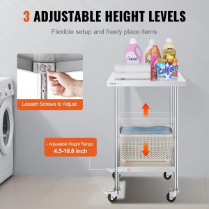 VEVOR Stainless Steel Work Table 24 x 24 x 38 Inch, 700 LBS Load Capacity with 4 Wheels, 3 Adjustable Height Levels, Heavy Duty Food Prep Worktable for Commercial Kitchen Restaurant, Silver