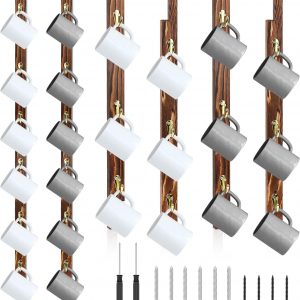 Paquete de 2 soportes de pared para tazas de café con 12 ganchos de madera quemada montado en la pared, soporte para tazas de café marrón, organizador de tazas de café, soporte para colgar tazas de café, soporte para colgar tazas de té, soporte de exhibición para bar