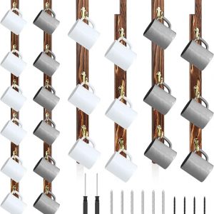Paquete de 2 soportes de pared para tazas de café con 12 ganchos de madera quemada montado en la pared, soporte para tazas de café marrón, organizador de tazas de café, soporte para colgar tazas de café, soporte para colgar tazas de té, soporte de exhibición para bar