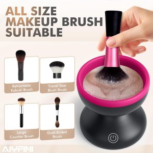 Alyfini Máquina limpiadora de brochas de maquillaje eléctrica, potente fricción que elimina los residuos en el juego de brochas de maquillaje, esponjas y polvo, limpieza eficiente, lavadora giratoria