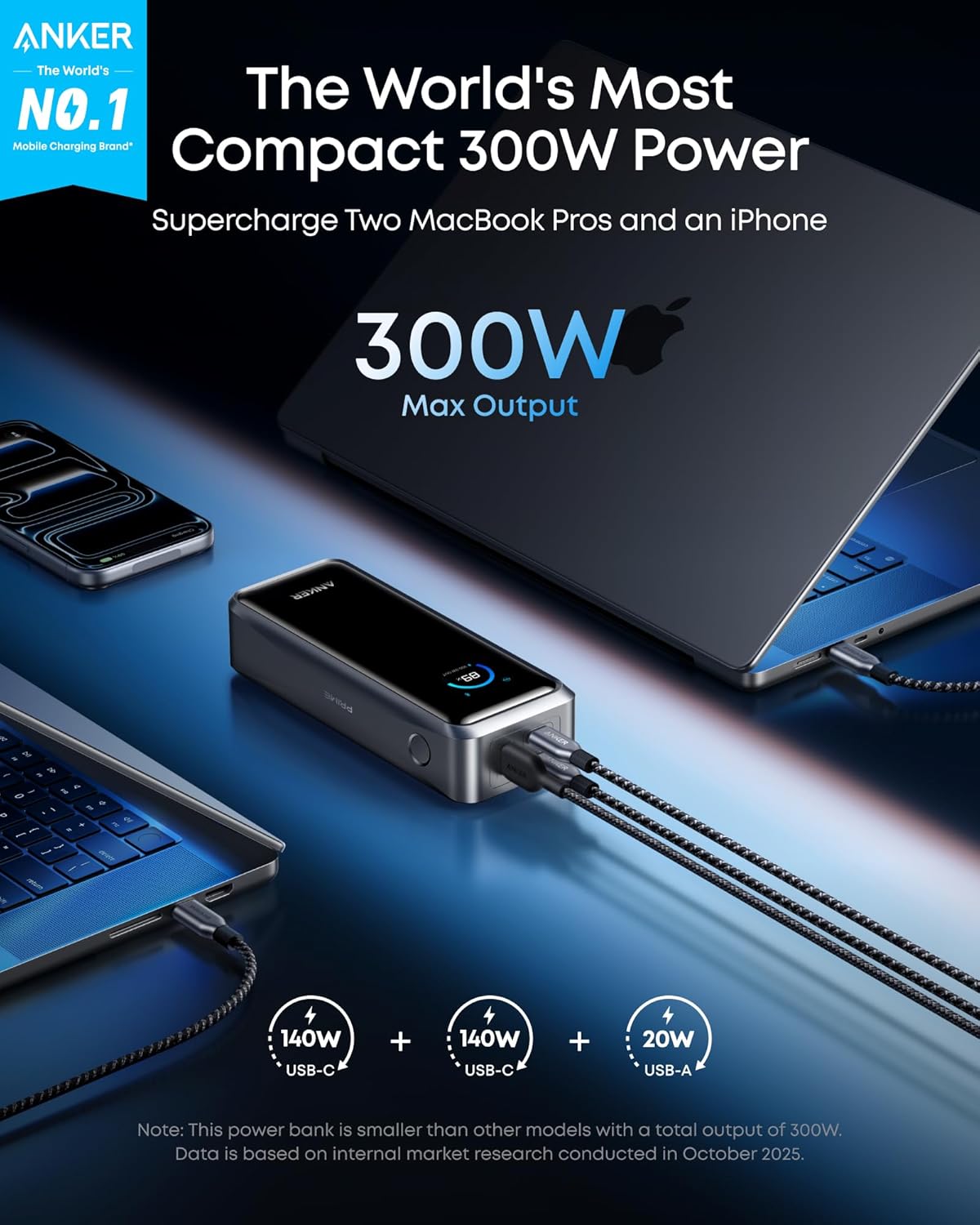Anker Prime Power Bank, banco de energía portátil de 3 puertos de 26,250 mAh con salida máxima de 300 W, carga bidireccional, aprobado por la TSA, control por aplicación, para MacBook, iPhone 17/16
