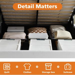 VELOCAVA Queen Size Lift-Up Hydraulic Storage Bed, White Linen-Look Upholstered Platform Bed with Vertical Channel Headboard, Wooden Slat Support, No Box Spring Needed