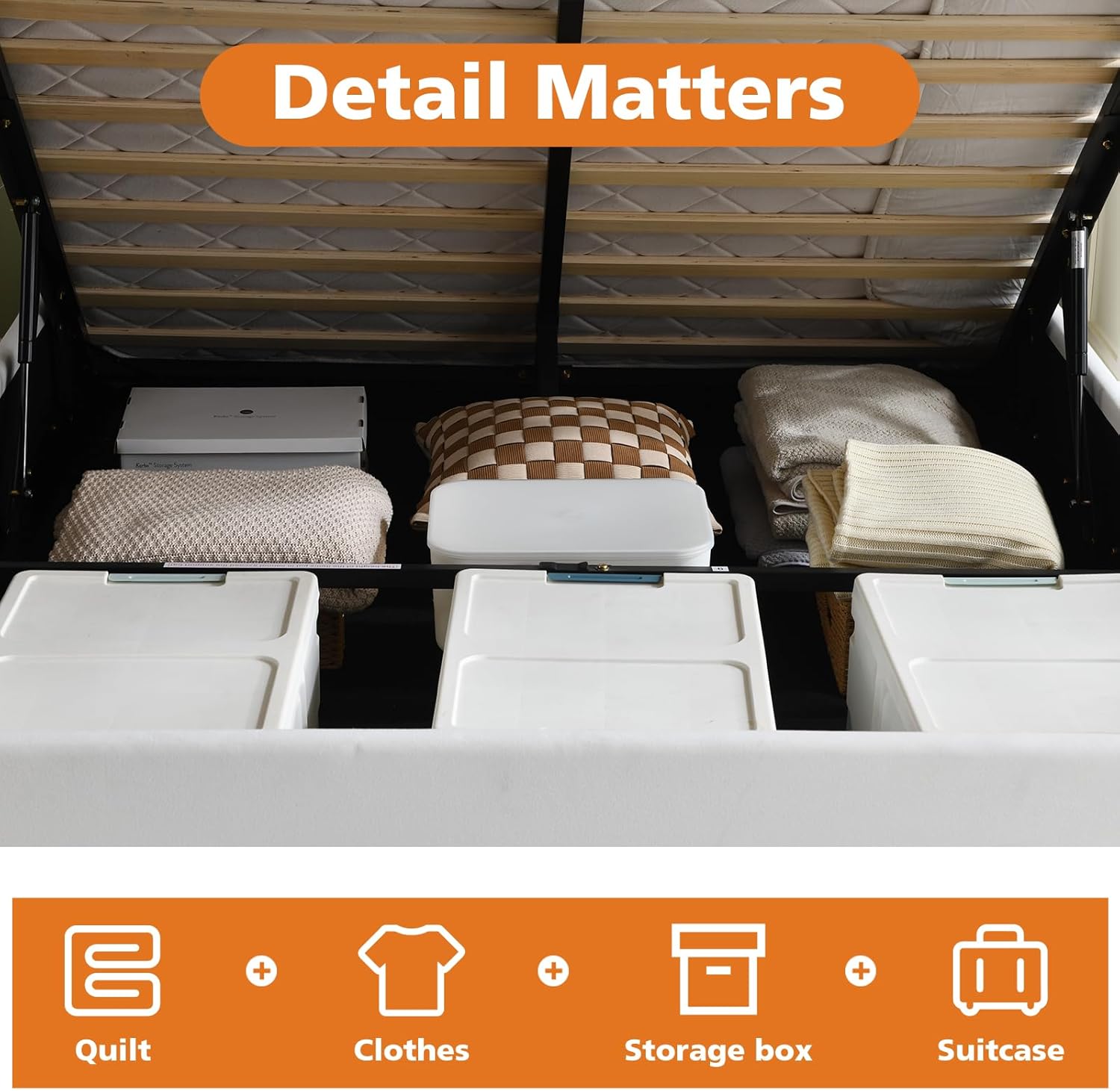 VELOCAVA Queen Size Lift-Up Hydraulic Storage Bed, White Linen-Look Upholstered Platform Bed with Vertical Channel Headboard, Wooden Slat Support, No Box Spring Needed