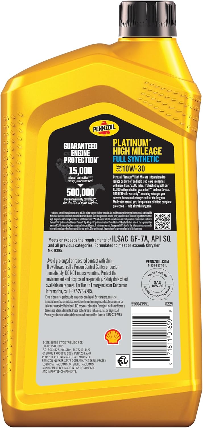 Aceite de motor Pennzoil Platinum High Mileage Full Synthetic 10W-30, 1 cuarto de galón (paquete de 6)