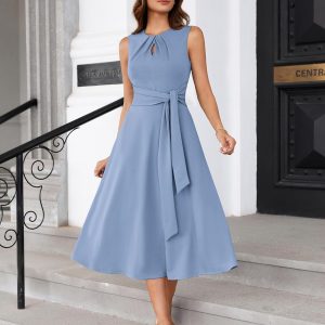 GRACE KARIN Vestido de trabajo de verano 2025 para mujer, sin mangas, cintura atada, elegante, para fiesta de cóctel, corte A, midi, fluido, con bolsillos