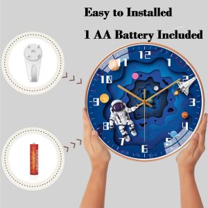 QINFIEY 12 Inch Silent Movement Kids Wall Clock, Non Ticking Children Round Wall Clock Battery Operated Space Travel Style Decor Children Clock for School Boys Bedroom Living Room Space Decor (Blue)