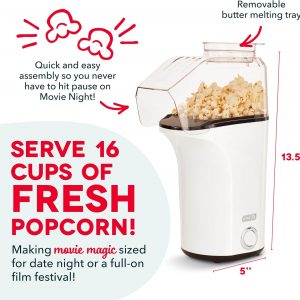 DASH Fresh Pop Popcorn Maker - Oil-Free, Air Popcorn Popper - With Measuring Cup & Recipe Guide - Perfect for Movie Nights - 16 Cups, White