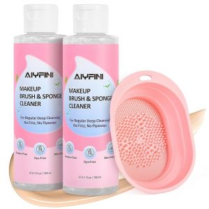 Alyfini Makeup Brush Cleaner Solution + Scrub Basin Combo, Removes Tough Stain on Make Up Brushes Set/Sponge/Puffs, Deep Clean Inner Bristles from Waterproof Foundation/Concealer, 10.2 Fl Oz/300 ml
