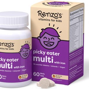 Renzo's Picky Eater Kids Multivitamin with Iron - Dissolvable Kids Vitamins with Iron, Zinc, Vitamin C, Vitamin D, E & K, Sugar-Free Melty Tabs, Orange Flavor, 60-Count (1-2 Month Supply)