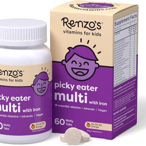 Renzo's Picky Eater Kids Multivitamin with Iron - Dissolvable Kids Vitamins with Iron, Zinc, Vitamin C, Vitamin D, E & K, Sugar-Free Melty Tabs, Orange Flavor, 60-Count (1-2 Month Supply)