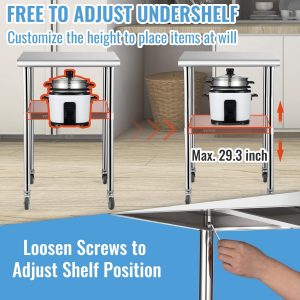 VEVOR Mesa de preparación de acero inoxidable, 24 x 24 x 33.5 pulgadas, capacidad de carga de 600 libras, mesa de trabajo de metal resistente con estante inferior ajustable y ruedas universales