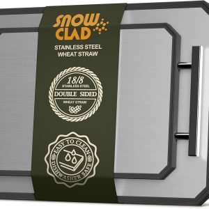 SNOWCLAD Tabla de cortar de acero inoxidable, juego de tablas de cortar de acero de doble cara para cocina, acero inoxidable/paja de trigo, PP grande para carne, apta para lavavajillas [16 x 11 + 12 x