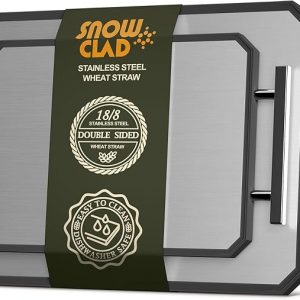 SNOWCLAD Tabla de cortar de acero inoxidable, juego de tablas de cortar de acero de doble cara para cocina, acero inoxidable/paja de trigo, PP grande para carne, apta para lavavajillas [16 x 11 + 12 x
