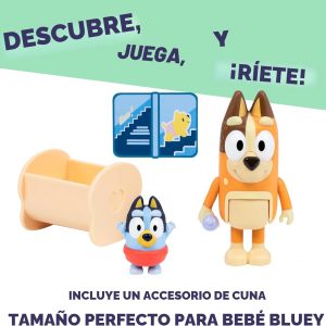 Paquete de 2 figuras articuladas de juguete de carreras de Bluey Baby, juguetes de personajes con Chilli y bebé en cuna accesorio, figuras de acción pequeñas para edades 3+