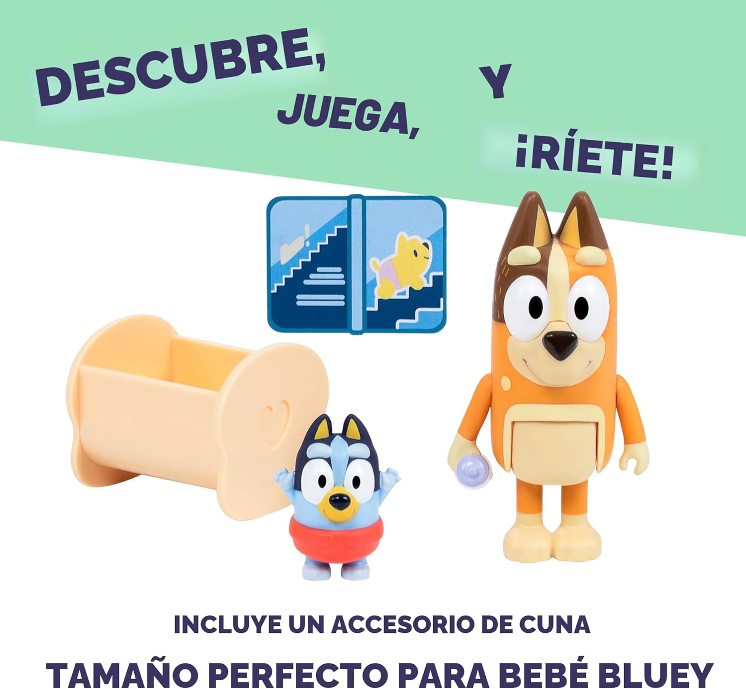 Paquete de 2 figuras articuladas de juguete de carreras de Bluey Baby, juguetes de personajes con Chilli y bebé en cuna accesorio, figuras de acción pequeñas para edades 3+