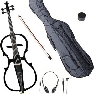 Herrajes eléctricos para violonchelo 4/4 de tamaño completo con bolsa de violonchelo ligera, auriculares, arco, puente, colofonia, violonchelo para adultos principiantes (negro metálico