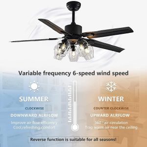 Black Ceiling Fan with Light and Remote 6 Speed Mute Metal Reversible Blades 5 Light 52" for Indoor Industrial Rustic Farmhouse Bedroom Living Room Dining Room