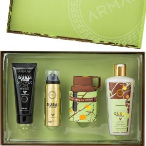 Armaf Odyssey Dubai Chocolat - Gourmand, Sweet, Woody - Set de regalo de 4 piezas para unisex (Eau de Parfum de 3.4 oz + gel de ducha de 3.4 oz + spray corporal de 1.7 oz + champú de 8.4 onzas)