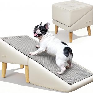 Dog Stairs for Small Dogs and Cats 16" H - with Encrypted Dot-Grip Non-Slip Surface, 2-in-1 Pet Ramp & Steps for Bed/Couch, Foldable Split Ottoman with Solid Wood Frame, Sturdy & Portable for Puppies