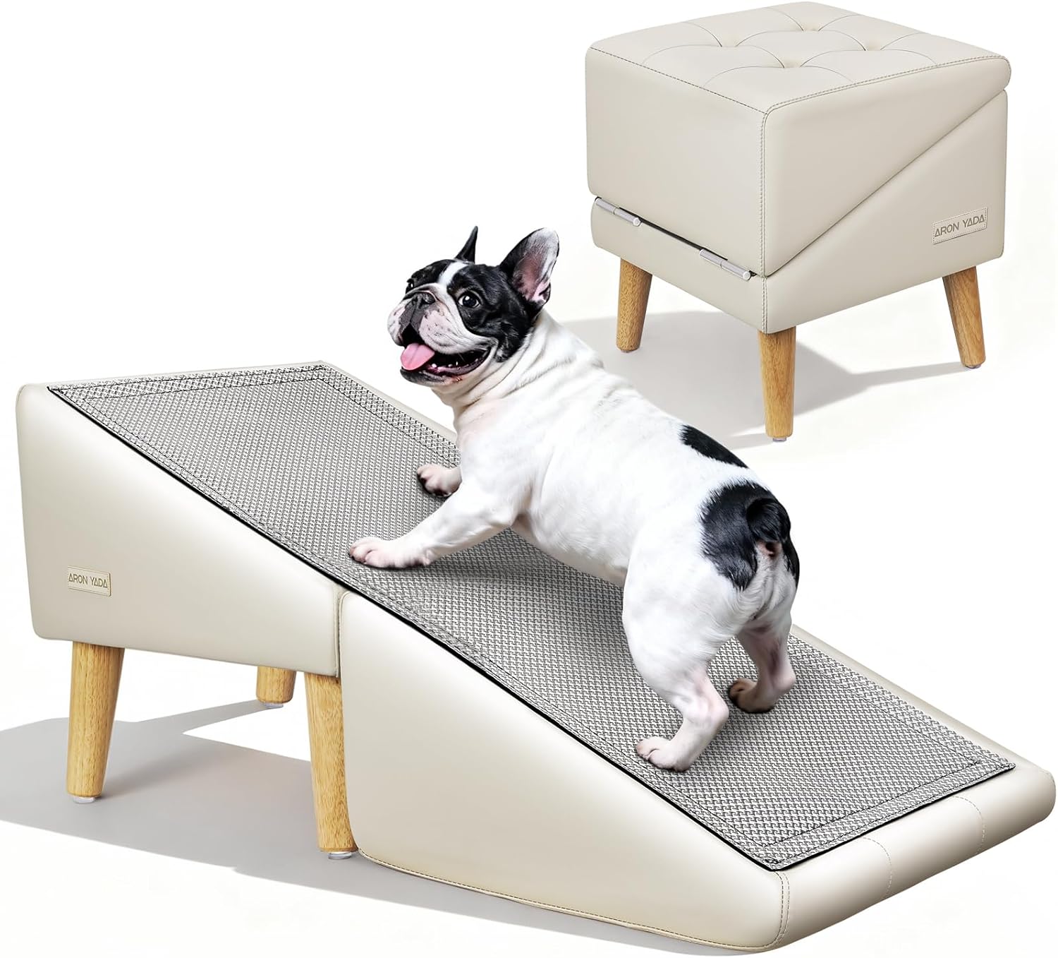 Dog Stairs for Small Dogs and Cats 16" H - with Encrypted Dot-Grip Non-Slip Surface, 2-in-1 Pet Ramp & Steps for Bed/Couch, Foldable Split Ottoman with Solid Wood Frame, Sturdy & Portable for Puppies