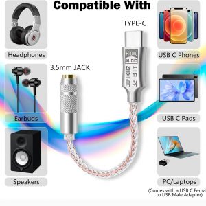Hi-Res Lossless USB C to 3.5mm Audio Adapter Soundcard, 32bit/384Khz Audio Decoding Transceiver, Supports Wire Control, Microphone, Cellphone Headphone DAC for MacBook, Surface, Sony, and More