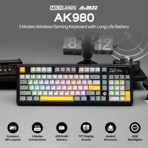MechLands AJAZZ AK980 V2 Mechanical Gaming Keyboard with Display Screen, 10000mAh Battery, 98% Wireless Keyboard with BT/USB-C/2.4GHz, Hot Swappable, Linear Switch, Knob, RGB for Win/Mac (Black)