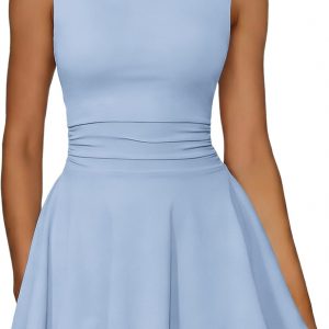 IWD Women's Boat Neck Sleeveless Mini Dress Ruched Waist Flowy Tiered Ruffle Hem A Line Party Short Dresses