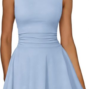 IWD Women's Boat Neck Sleeveless Mini Dress Ruched Waist Flowy Tiered Ruffle Hem A Line Party Short Dresses