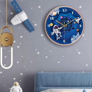 QINFIEY 12 Inch Silent Movement Kids Wall Clock, Non Ticking Children Round Wall Clock Battery Operated Space Travel Style Decor Children Clock for School Boys Bedroom Living Room Space Decor (Blue)