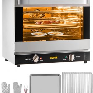 VEVOR Commercial Convection Oven, 66L/60Qt, Half-Size Conventional Oven Countertop, 1800W 4-Tier Toaster w/Front Glass Door, w/Trays Wire Racks Clip Gloves, 120V