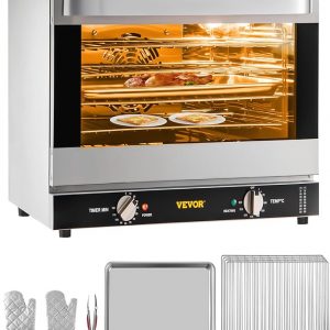VEVOR Commercial Convection Oven, 66L/60Qt, Half-Size Conventional Oven Countertop, 1800W 4-Tier Toaster w/Front Glass Door, w/Trays Wire Racks Clip Gloves, 120V