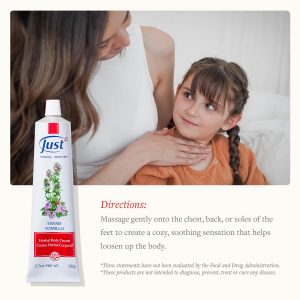 SwissJust Thyme Cream, Thyme Tomillo 96g. Massage Cream with Camphor Oil, Lemon Eucalyptus Chamomile Essential, Rosemary, Soybean, and Pine Essential Oils.