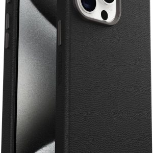 OtterBox iPhone 15 Pro Max Symmetry Series Cactus de cuero para MagSafe, color ceniza negro (negro), se ajusta a MagSafe, ultra suave, bordes elevados para proteger la cámara y la pantalla