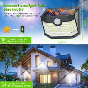 HMCITY 120 LED Outdoor Solar Lights with Motion Sensor and 3 Lighting Modes, IP65 Waterproof Wide Solar Wall Lights Ideal for Garden Patio Yard (Front Button 6Packs, Black Shell-Daylight White)